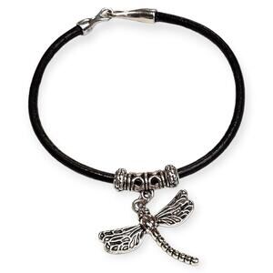 Handmade Brown Leather w Silvertone Pewter Accent and Clasp Dragonfly Charm (8)